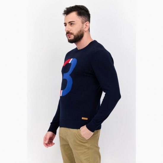 U.S. Polo Assn. Men Crew Neck Printed Long Sleeves Sweater, Navy/Red