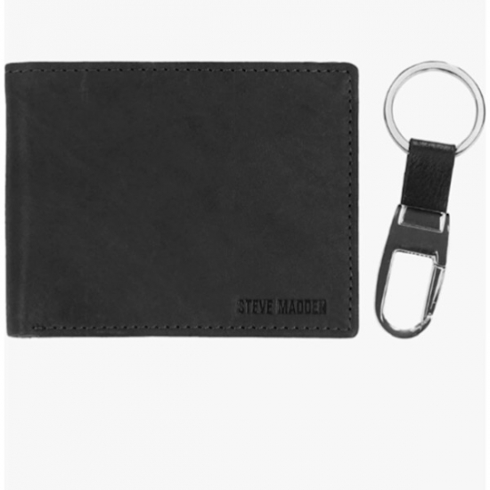 Steve Madden Mens RFID Leather Wallet Gift Set with Key Fob