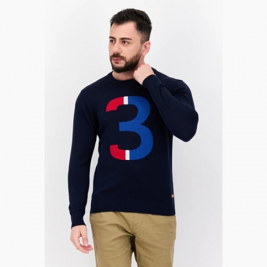 U.S. Polo Assn. Men Crew Neck Printed Long Sleeves Sweater, Navy/Red